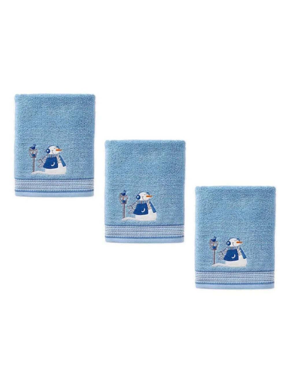 3 new Winter Wonderland Snow Buddies Bath Towels with Snowman, Bird, Street Lamp